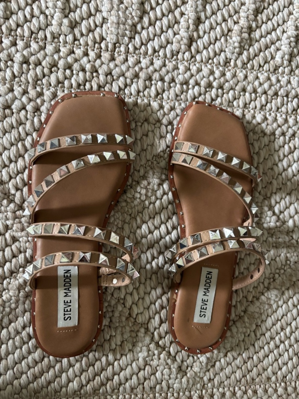 Steve Madden Tan Leather Pyramid Stud Slide Sandals